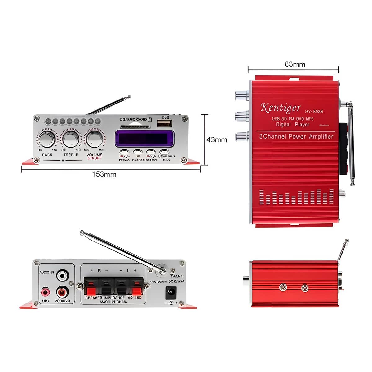 Amplificador Estéreo Hi-Fi 12 V com FM e AUX