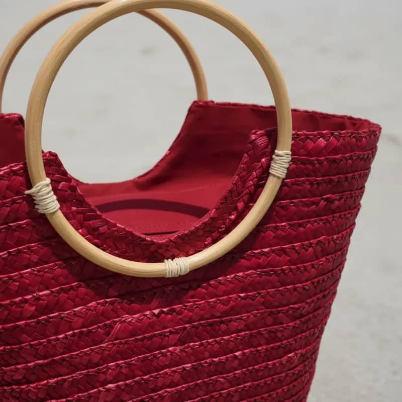 Bolsa Grande Cesta Praia Piscina Alça de Madeira Vinho