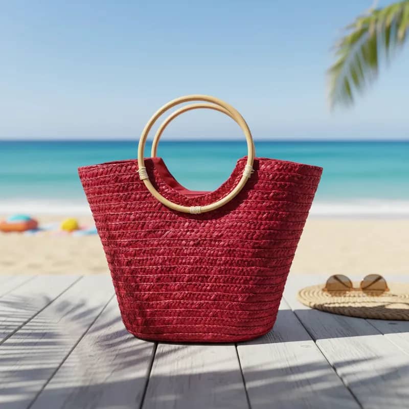 Bolsa Grande Cesta Praia Piscina Alça de Madeira Vinho