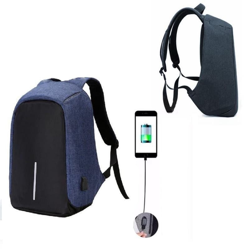Mochila Anti Furto com Cabo USB Shopmix Azul