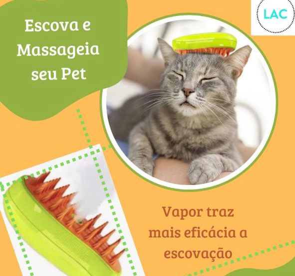 Escova Vaporizadora Pet USB Recarregável Tira Pelos Massagem Cão Gato