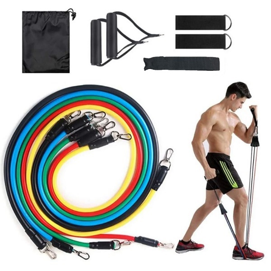 Kit Elastico Extensor 11 Peças Exercicios Fitness Musculação Academia