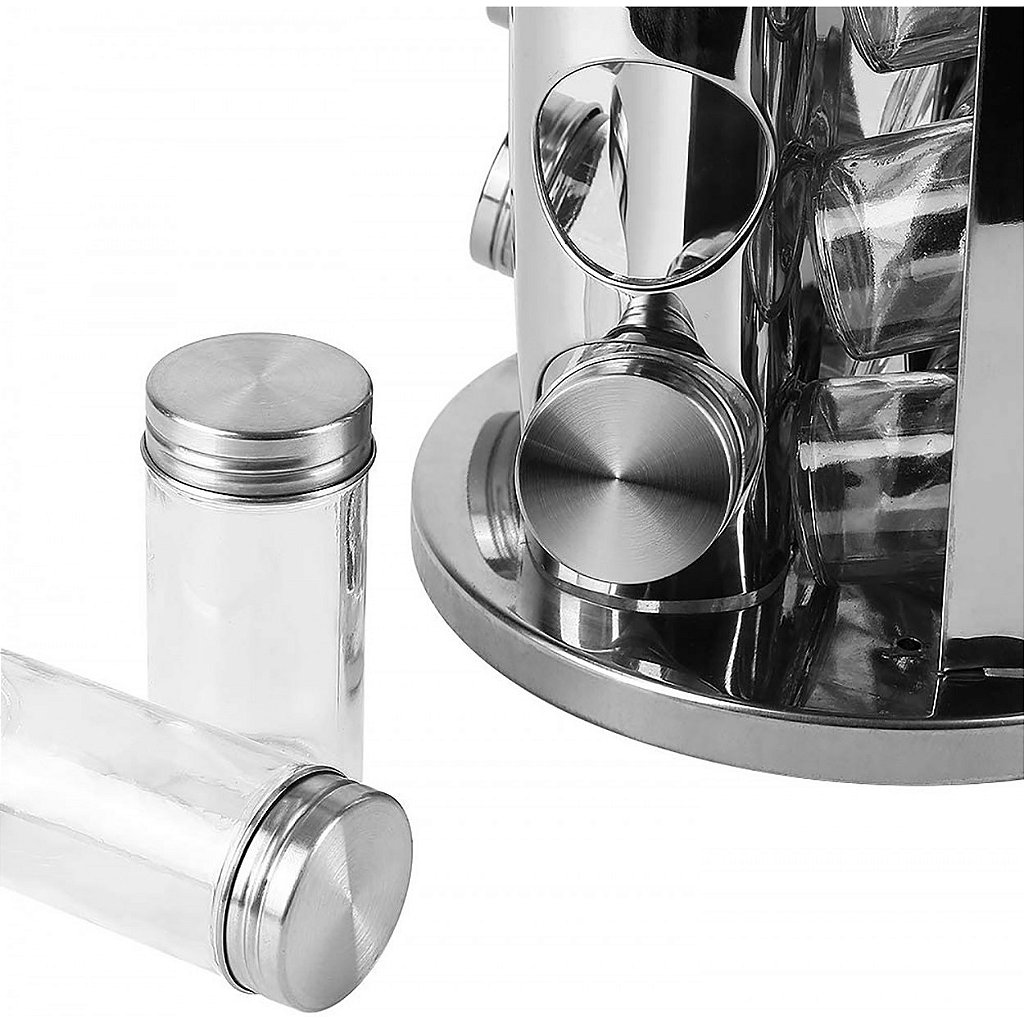 Porta Tempero 12 Potes Giratório Vidro/Inox - Cozinha Organizada